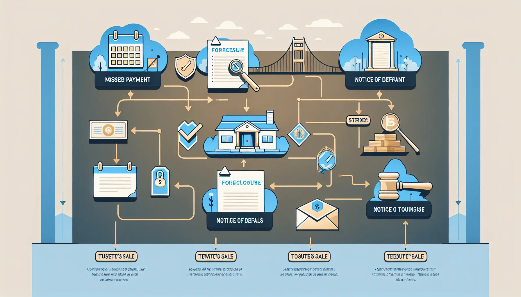 timeline of the California foreclosure process with key legal steps illustrated.