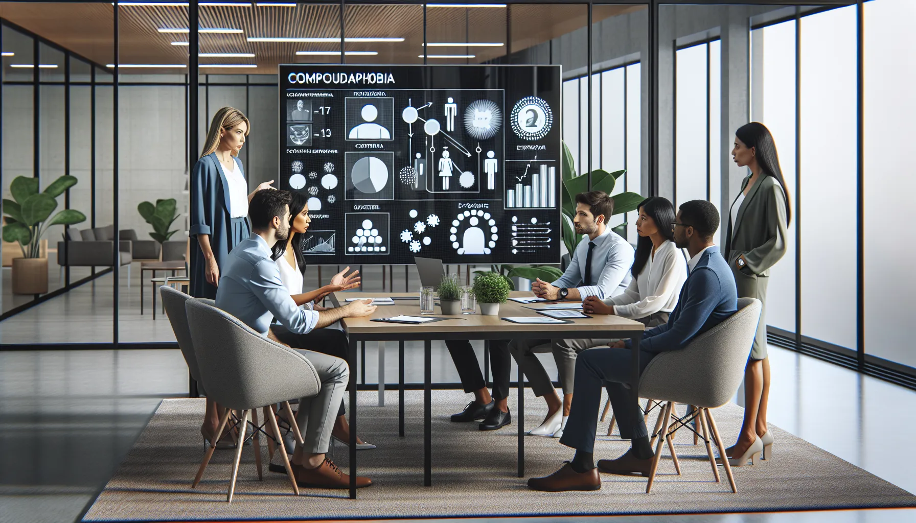 diverse team discussing treatment options for compoundaphobia in a modern office.