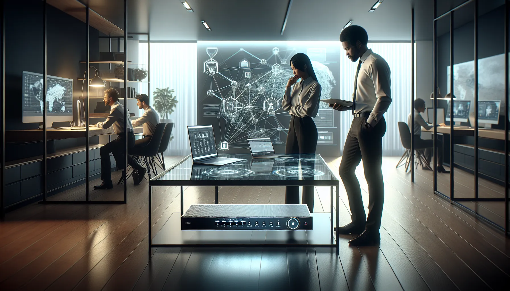 IT professionals discussing a secure network in a modern office.
