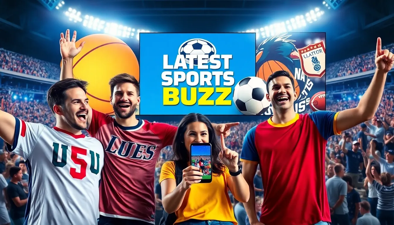 sports fans celebrating with jerseys and a smartphone showing live updates.