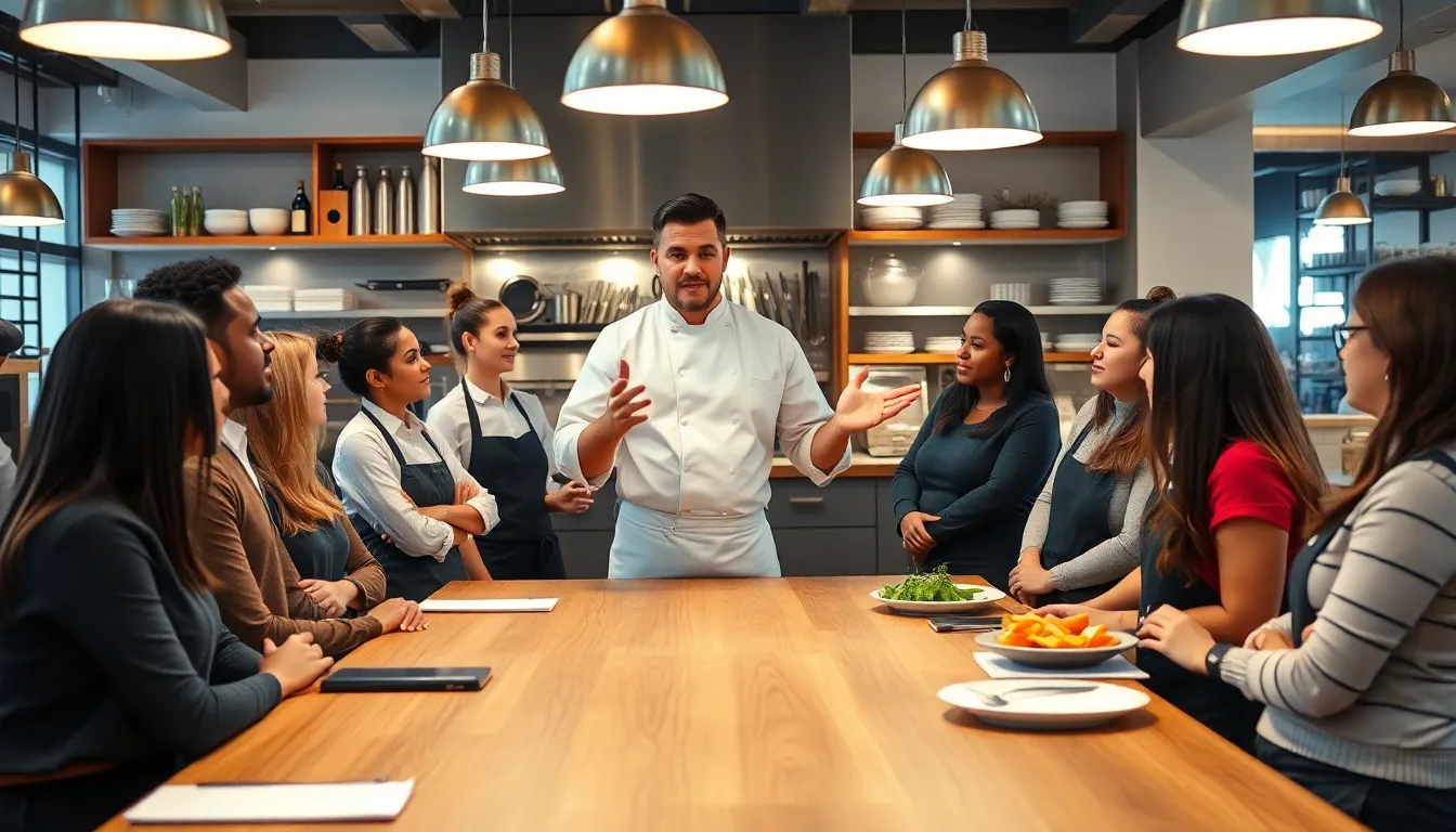 restaurant leadership meeting in a modern kitchen setting.