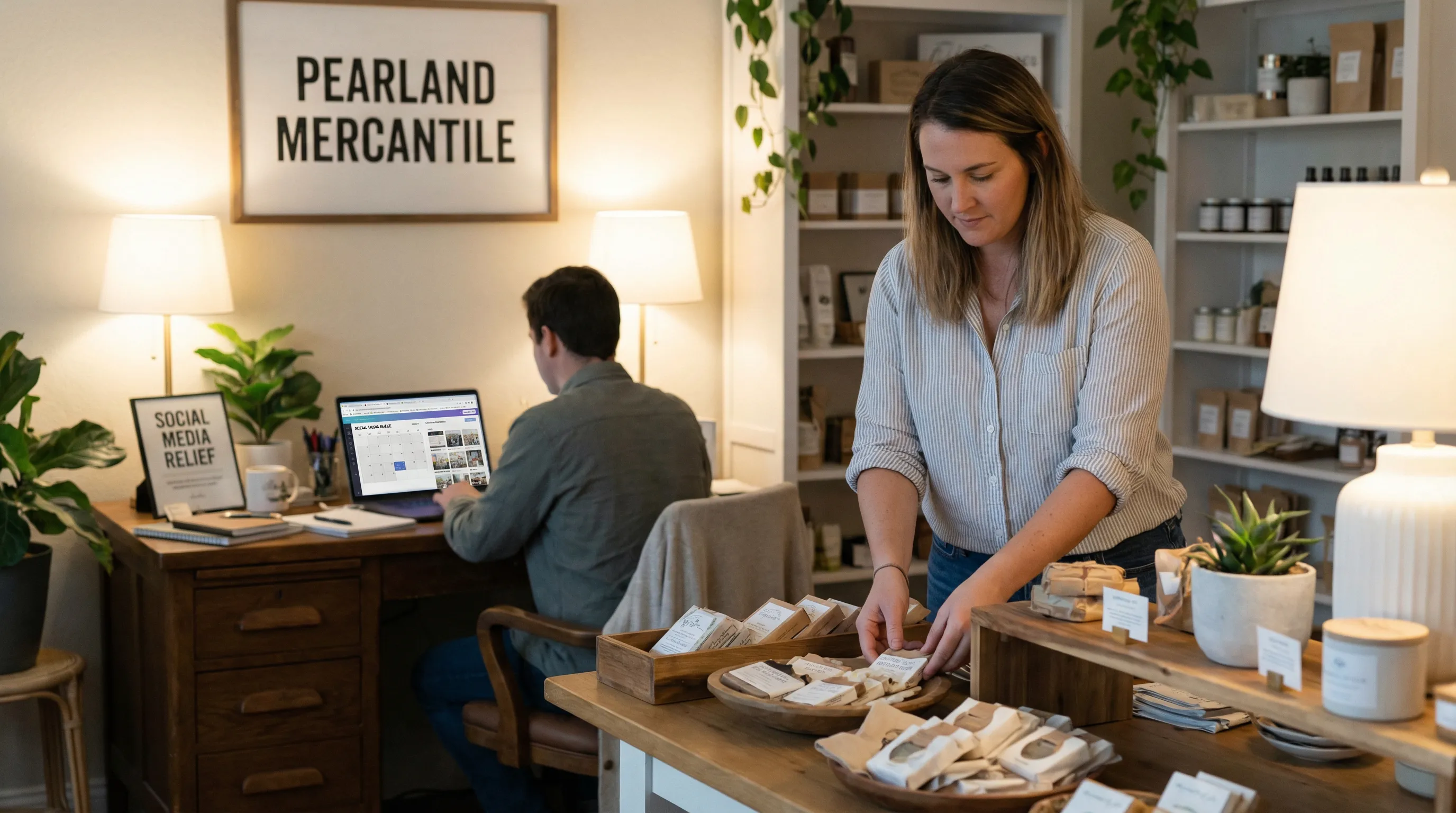 Pearland shop owner working with products while a social media manager quietly schedules posts on a laptop in the background.