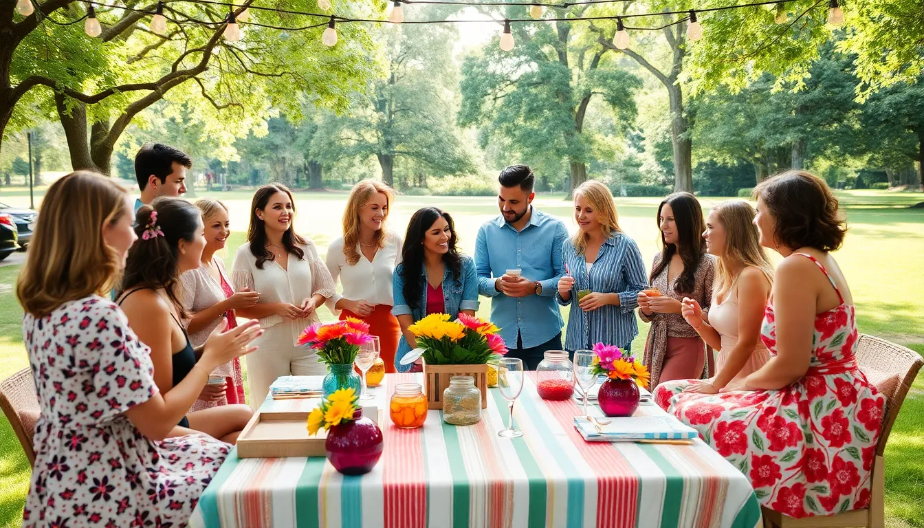 A diverse group celebrating a thrifty event in an outdoor setting.