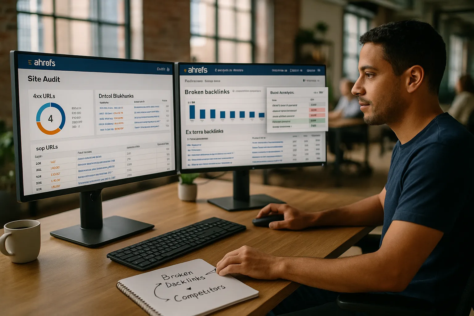 Marketer using Ahrefs broken link checker tools on dual monitors in a modern office.