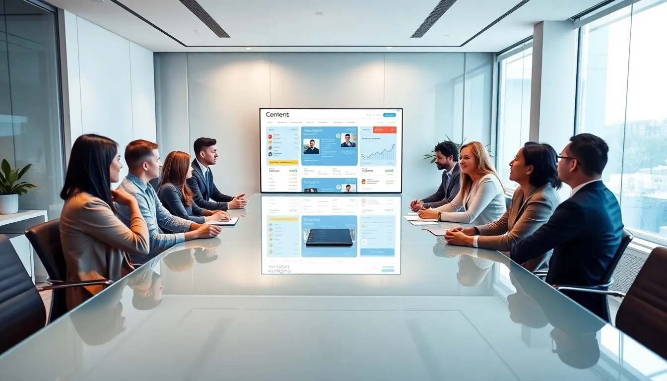 diverse team collaborating around a modern workspace.