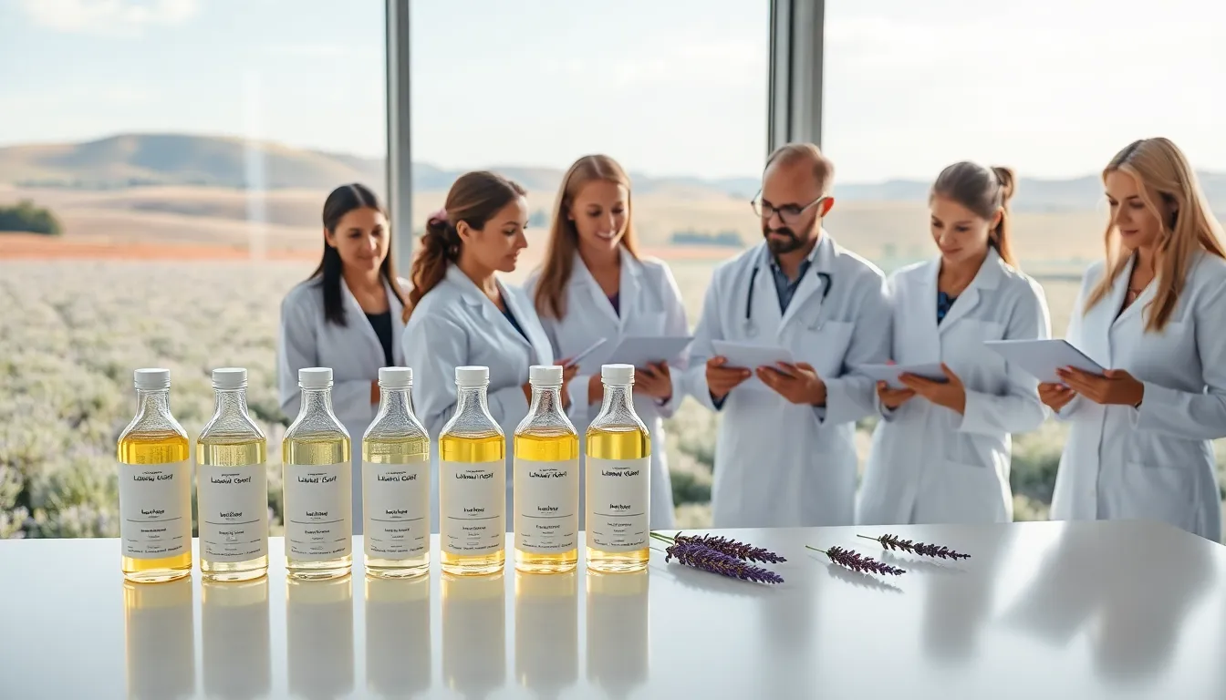 Lab technicians with lavender oil bottles in a modern Australian lab.