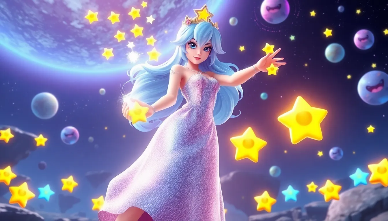 Rosalina using her cosmic powers in a vibrant 4D game environment.