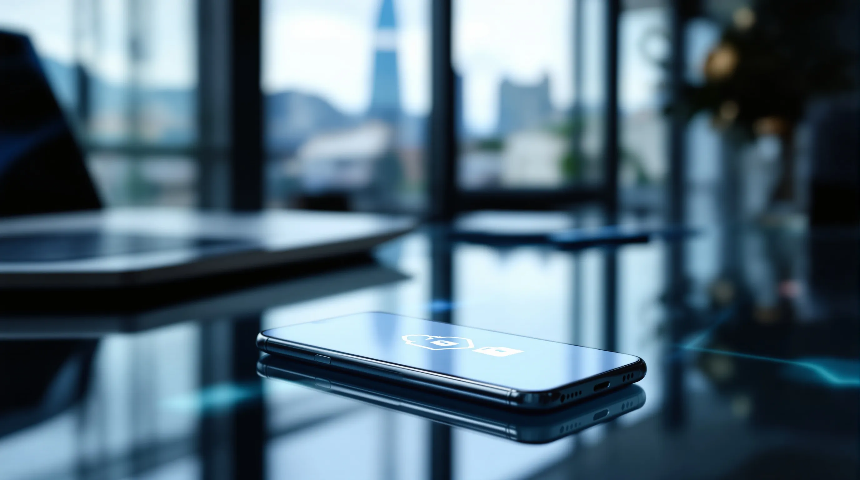 Smartphone showing secure banking app with lock icon on modern office desk.