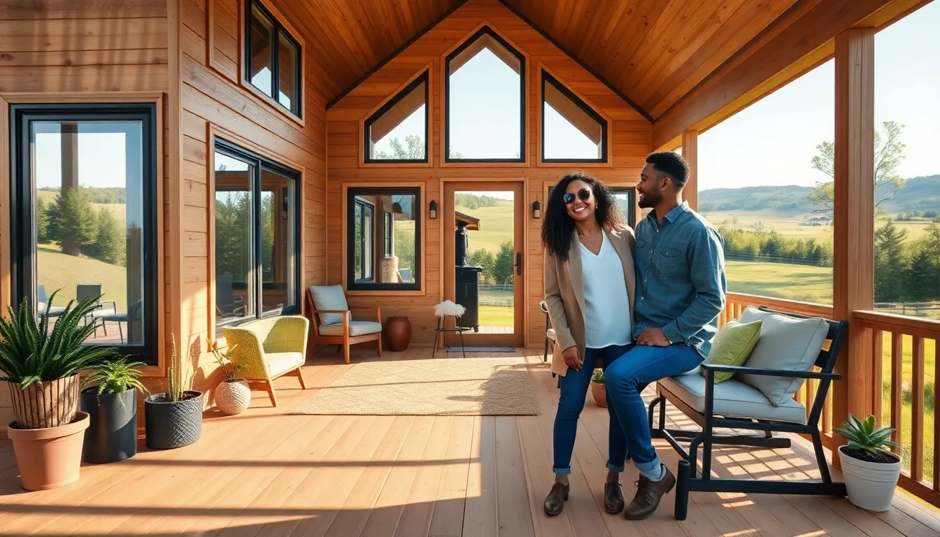 large tiny home in a peaceful rural setting with a couple on the porch.