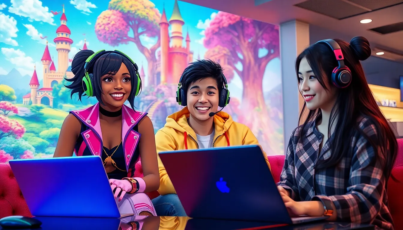 diverse group of gamers in an anime-style gaming lounge.