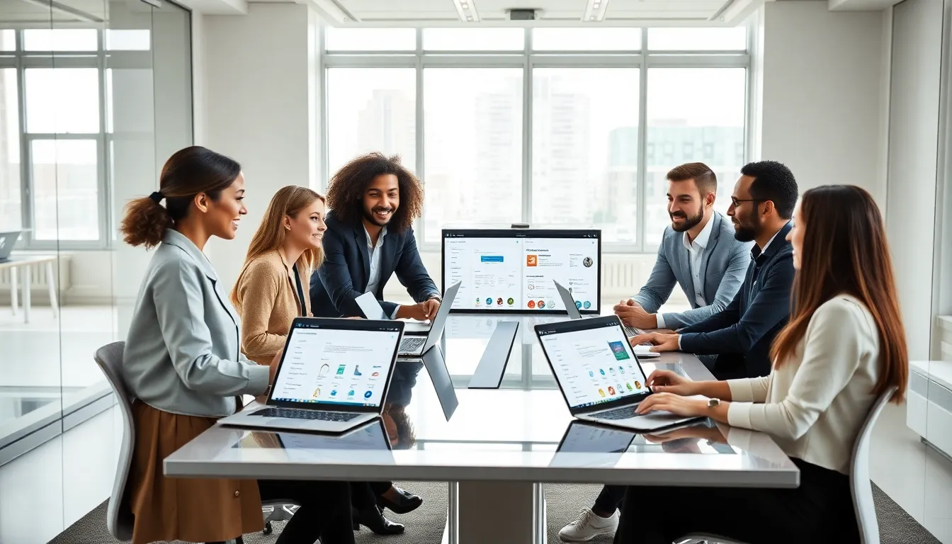 diverse team discussing the AppCloseAdd app in a modern office.