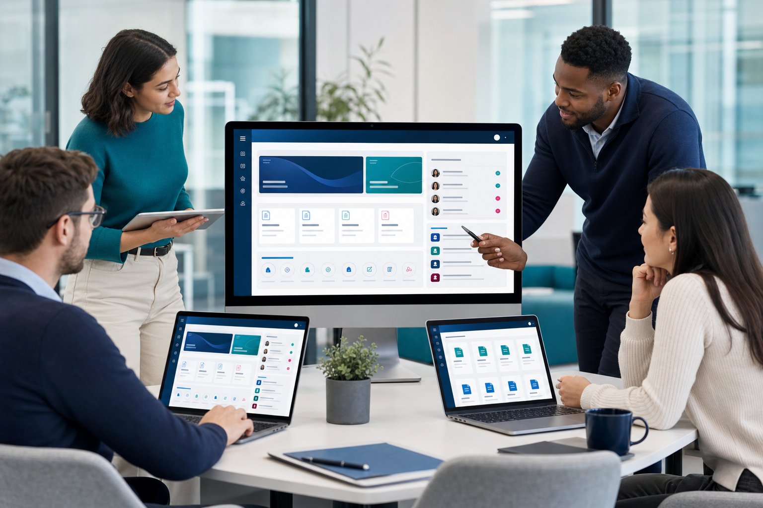 Employees reviewing an internal intranet dashboard in a modern office.