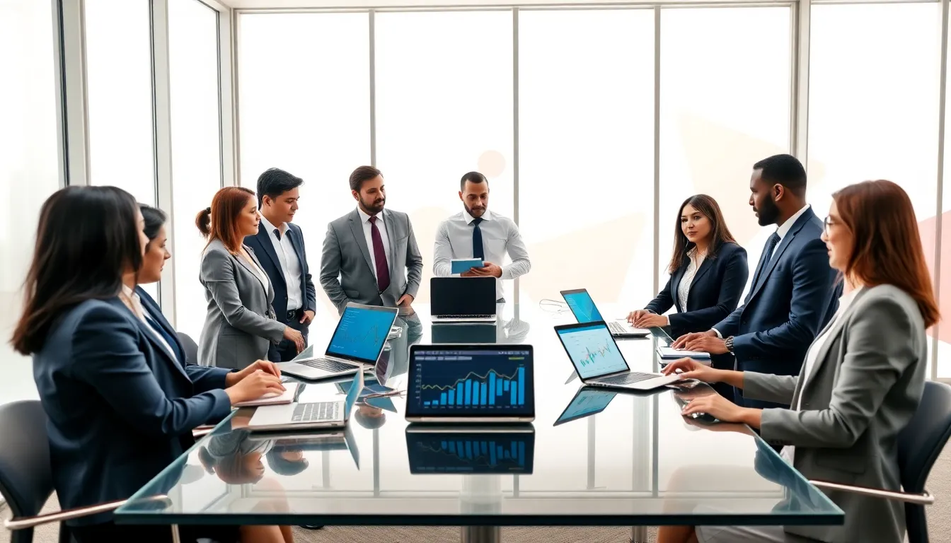 diverse professionals discussing data in a modern office setting.