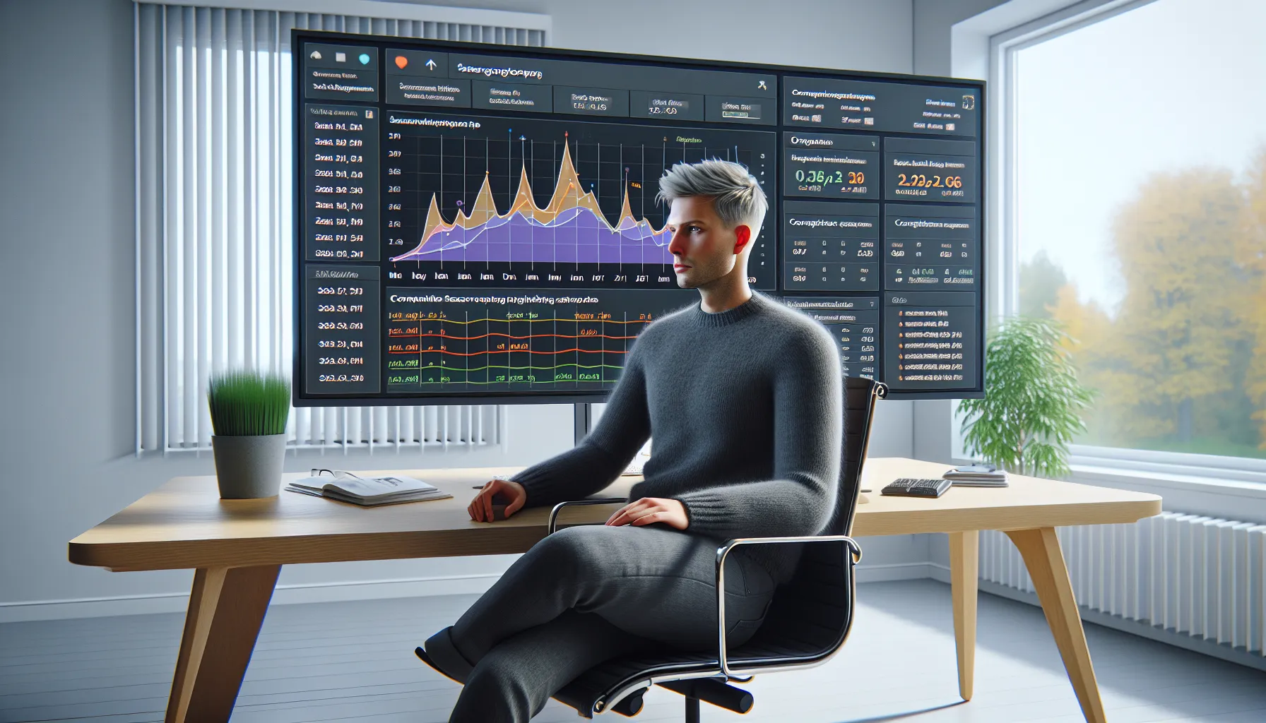 Norwegian marketer analyzing seasonal seo data and competitor trends on multiple screens.