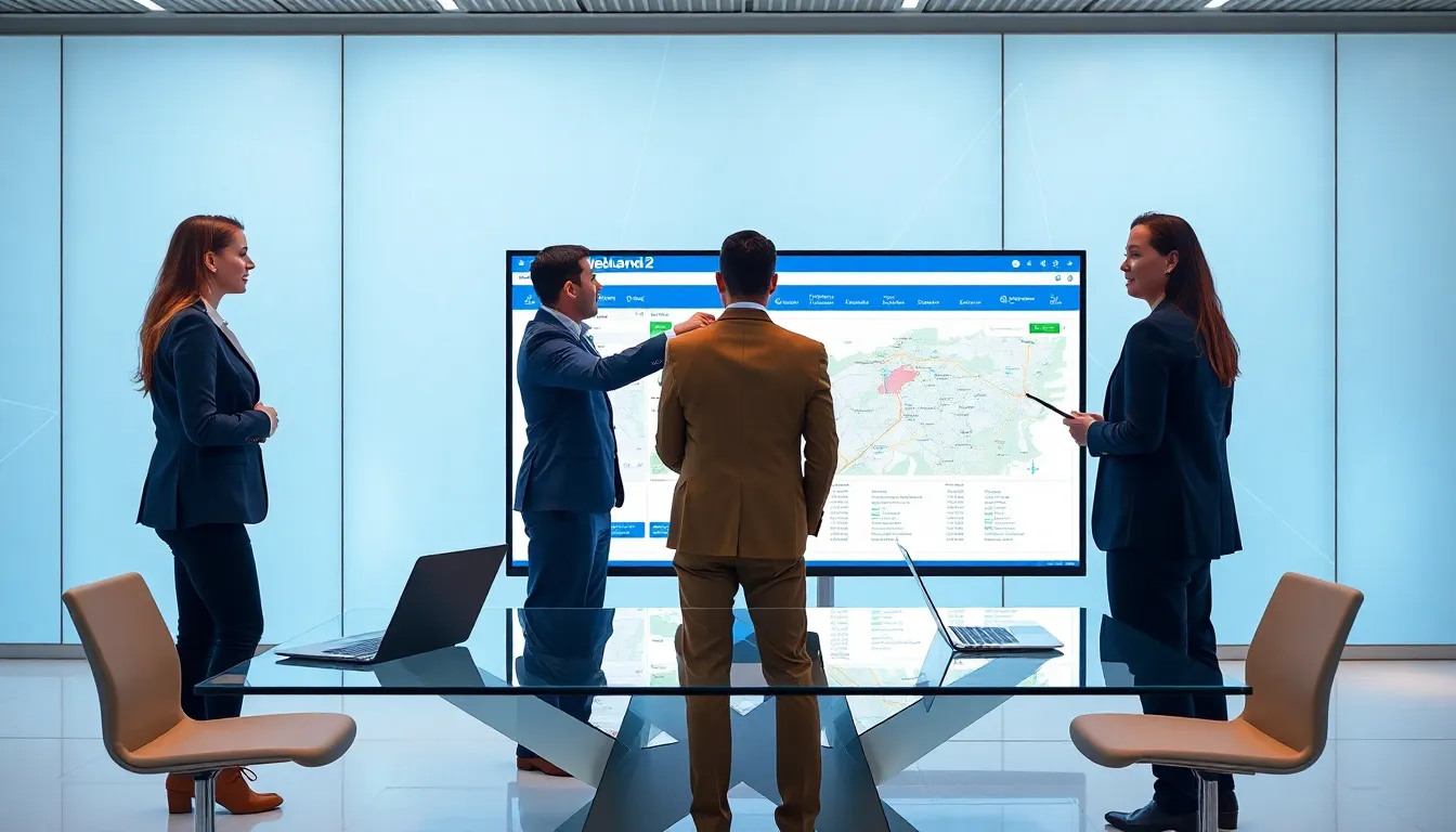 professionals collaborating on the Webland2 platform in a modern office.