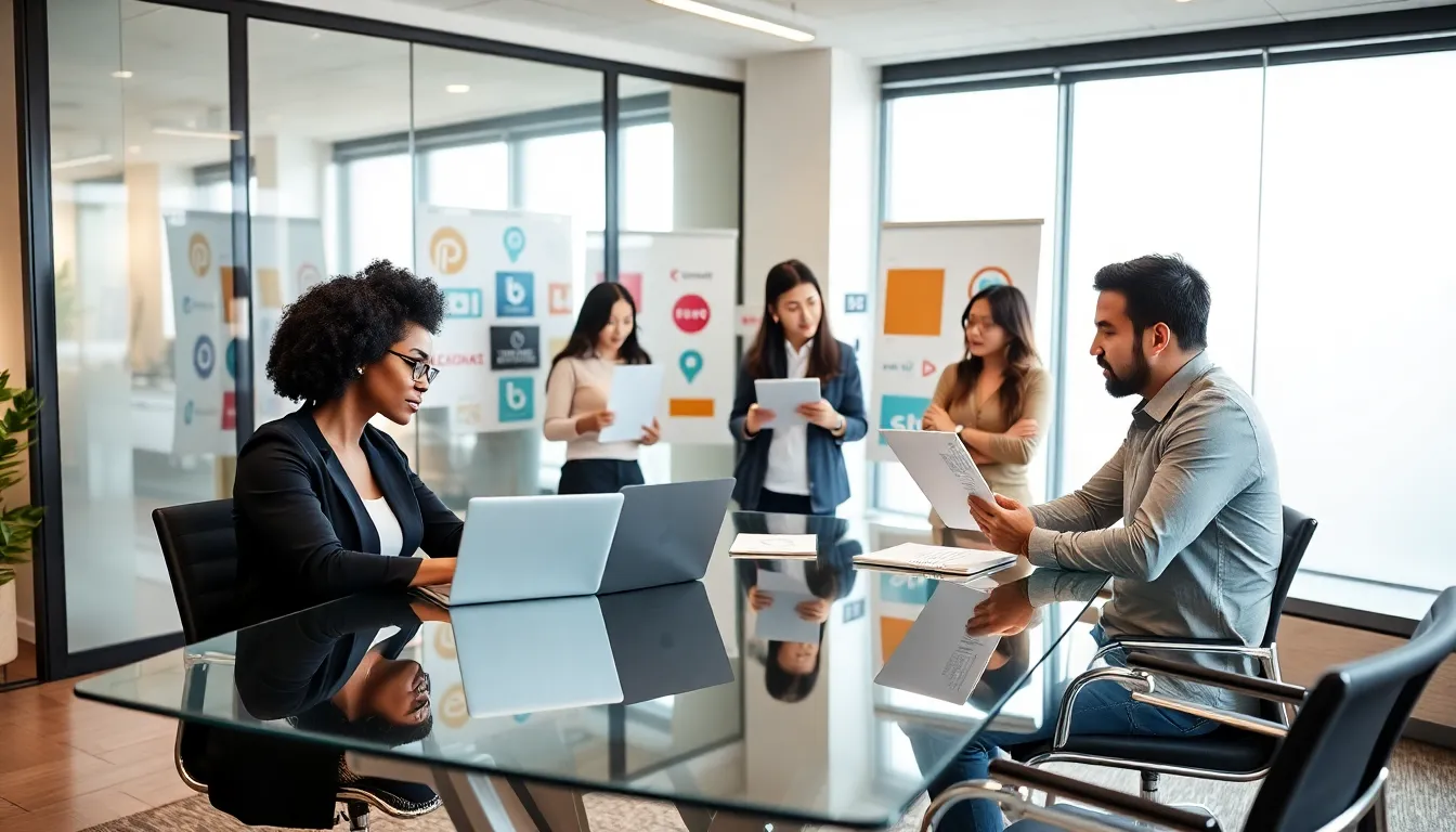 diverse freelancers collaborating on branding strategies in a modern office.