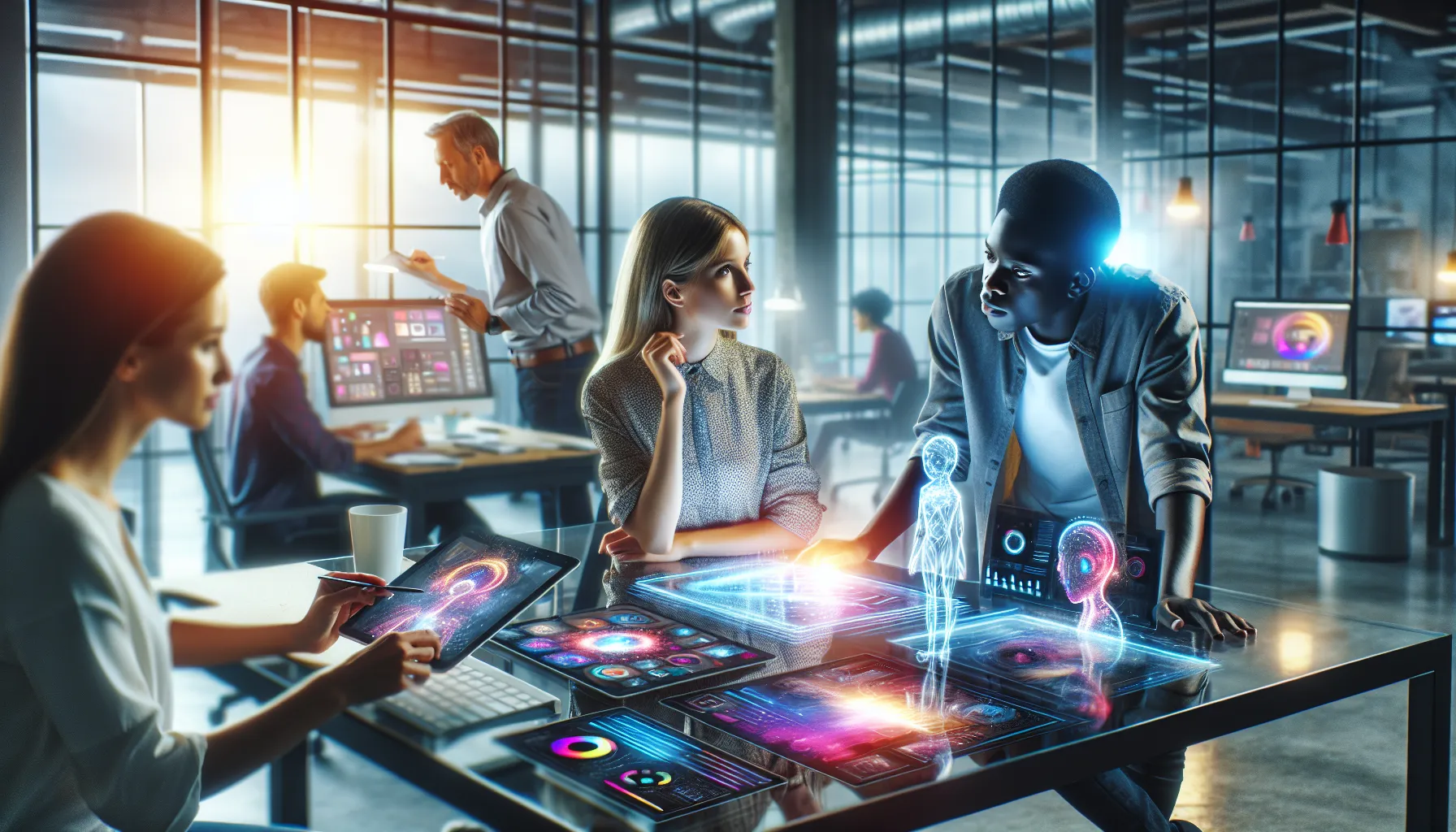 diverse team collaborating on AI graphic design projects in a modern studio.