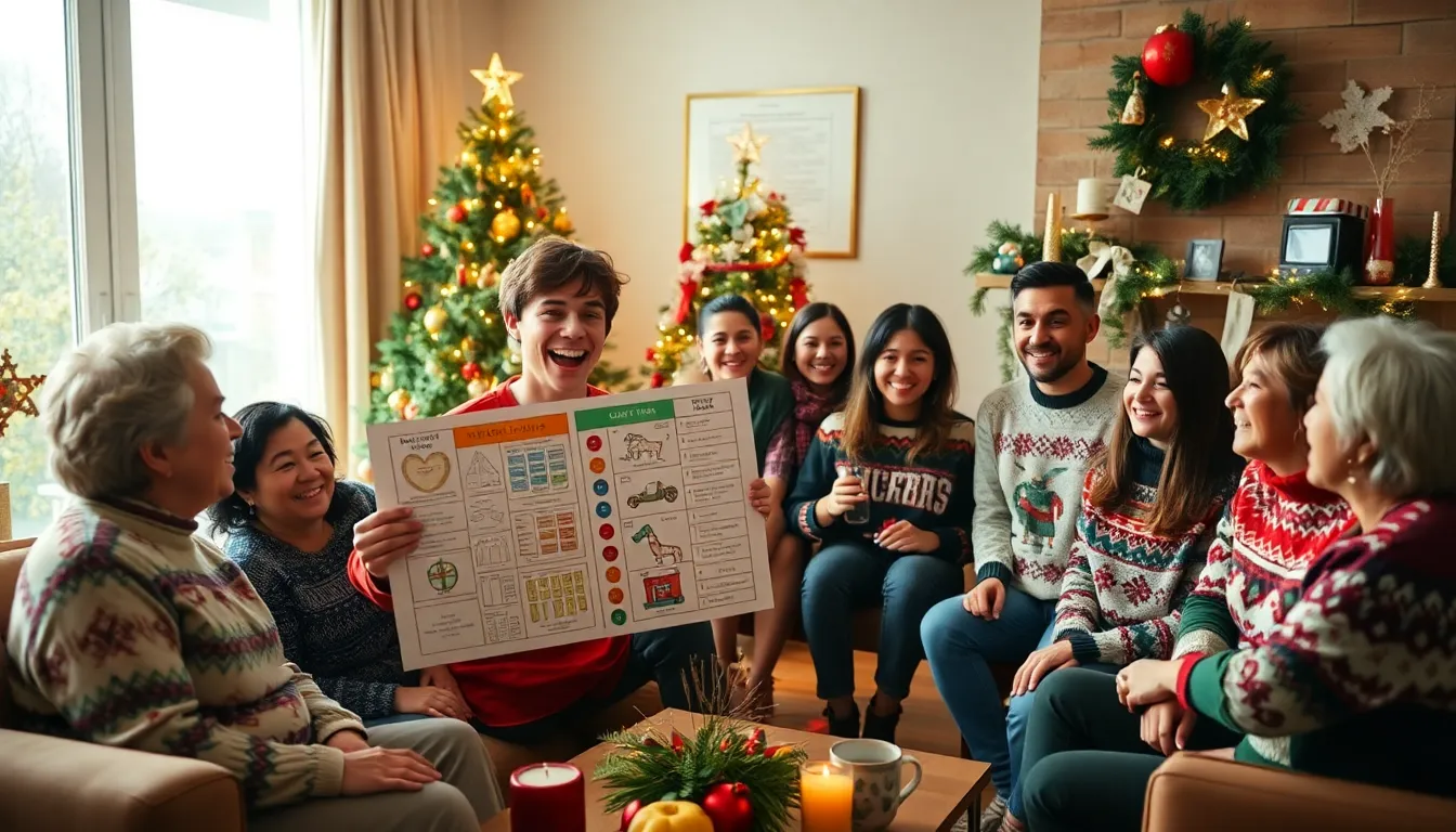 diverse family and friends discussing Christmas record attempts in a festive living room.