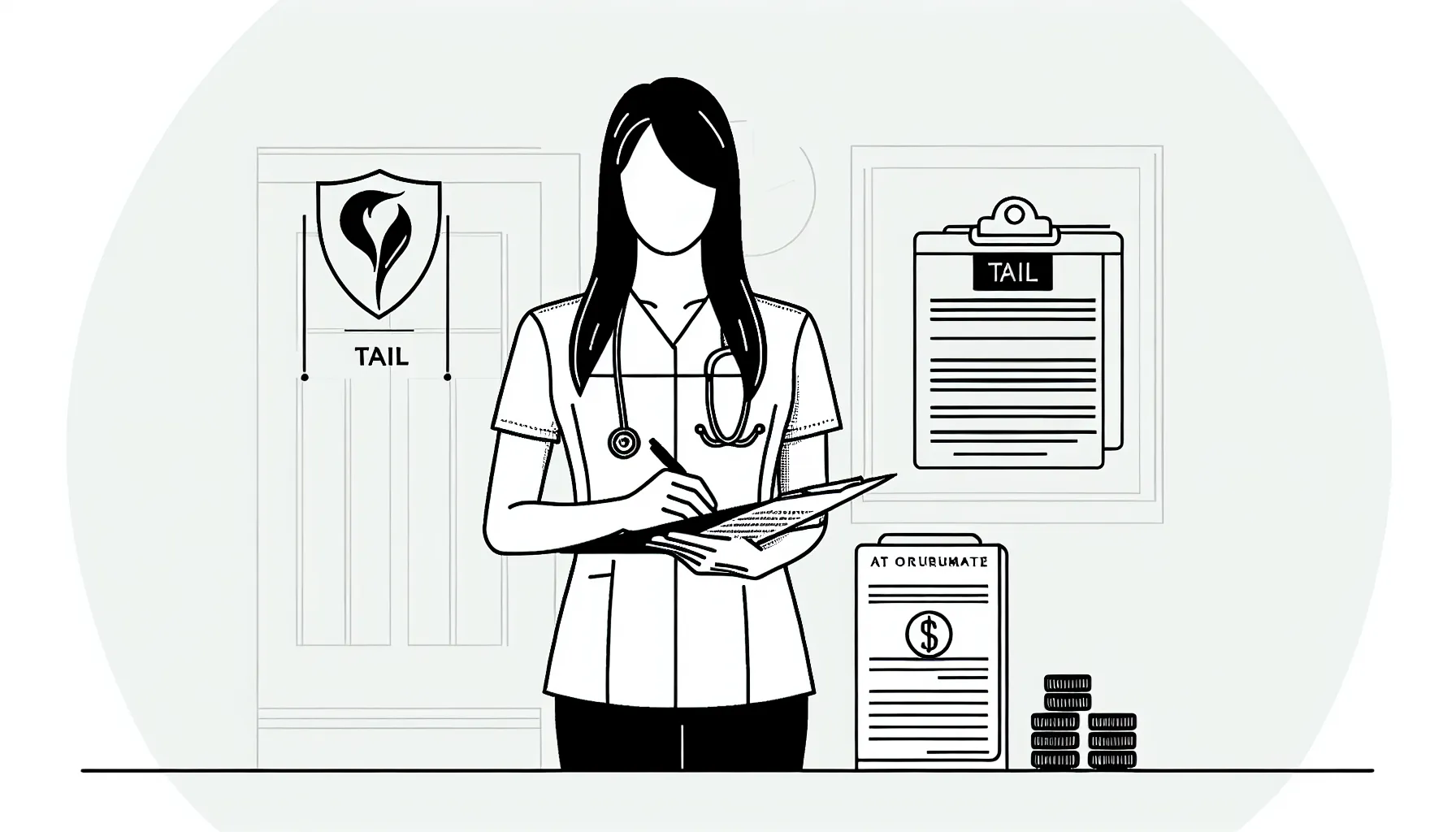 Veterinarian holding a contract with a shield labeled 'Tail', calendar, and coins.