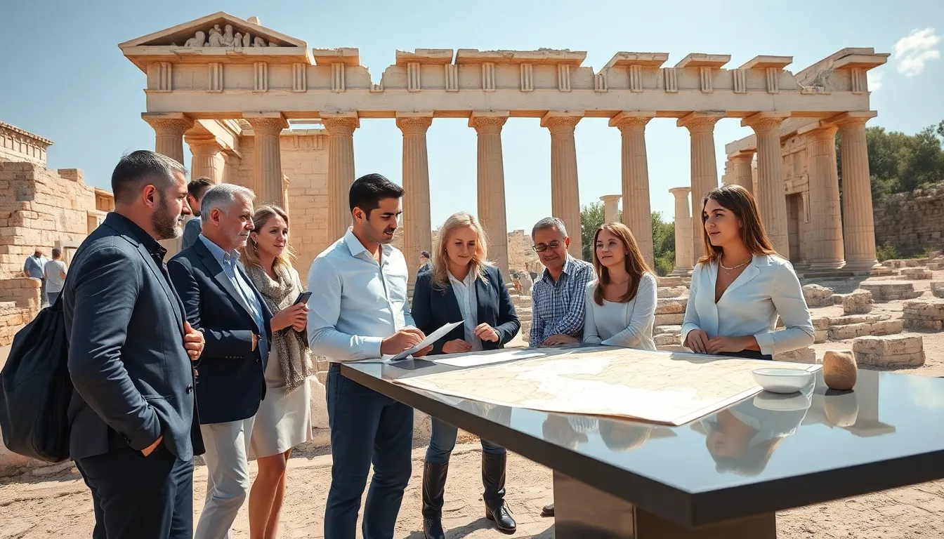 diverse team examining ancient ruins and artifacts outdoors.