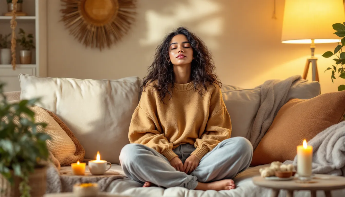 Woman relaxing with a hot water bottle and ginger tea for menstrual cramp relief.