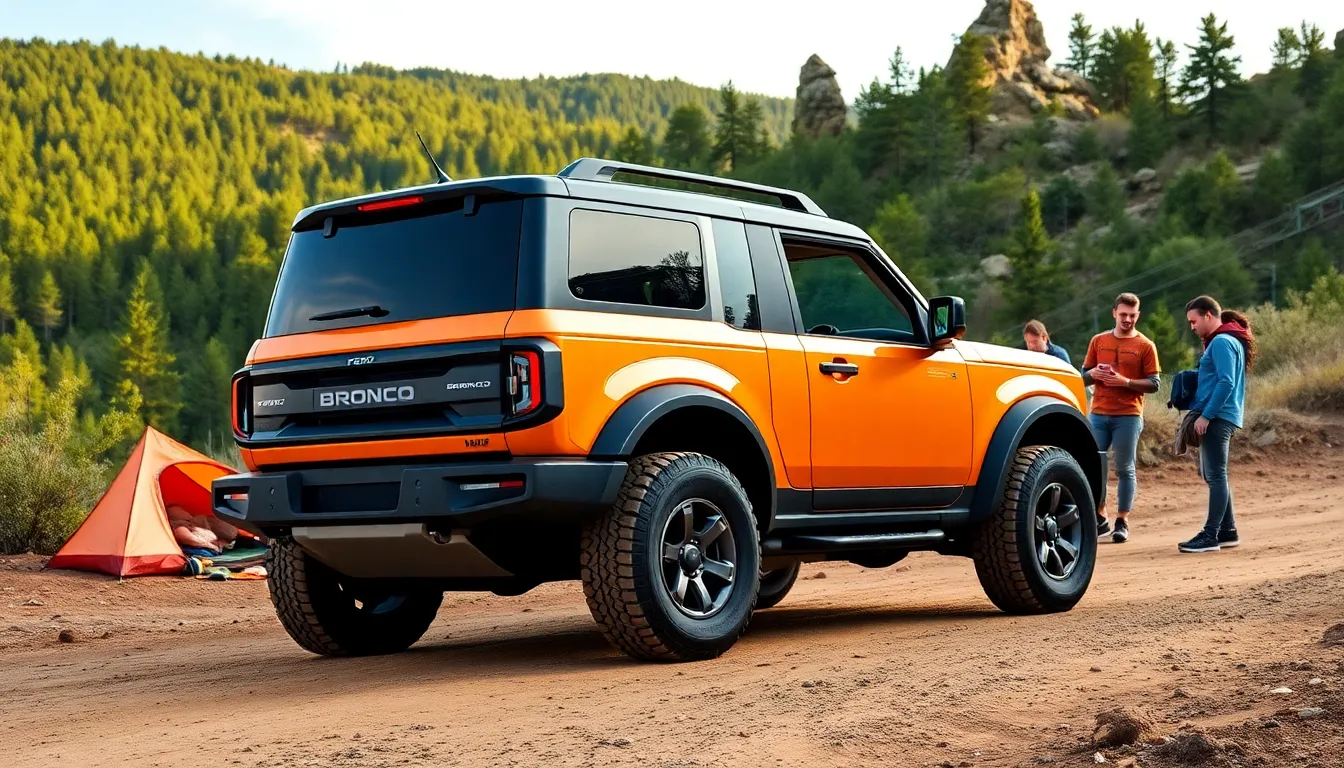 Ford Bronco Sport parked on a scenic trail with outdoor enthusiasts.