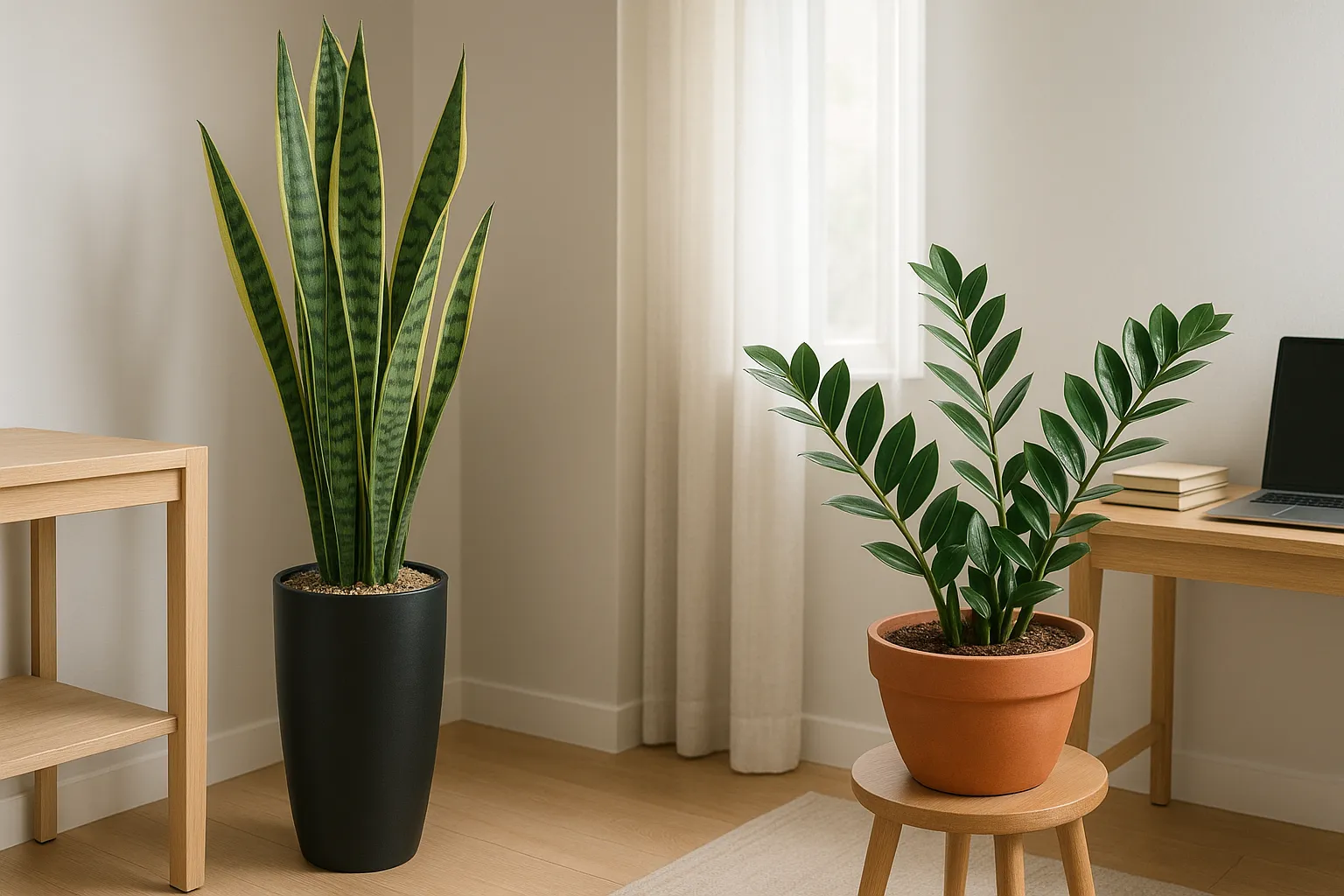 Snake plant and ZZ plant side-by-side in a bright modern corner.