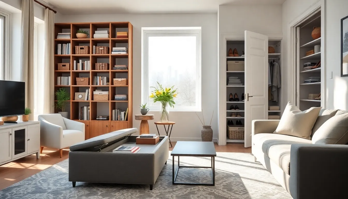 a well-organized living room with smart storage solutions and multi-functional furniture.