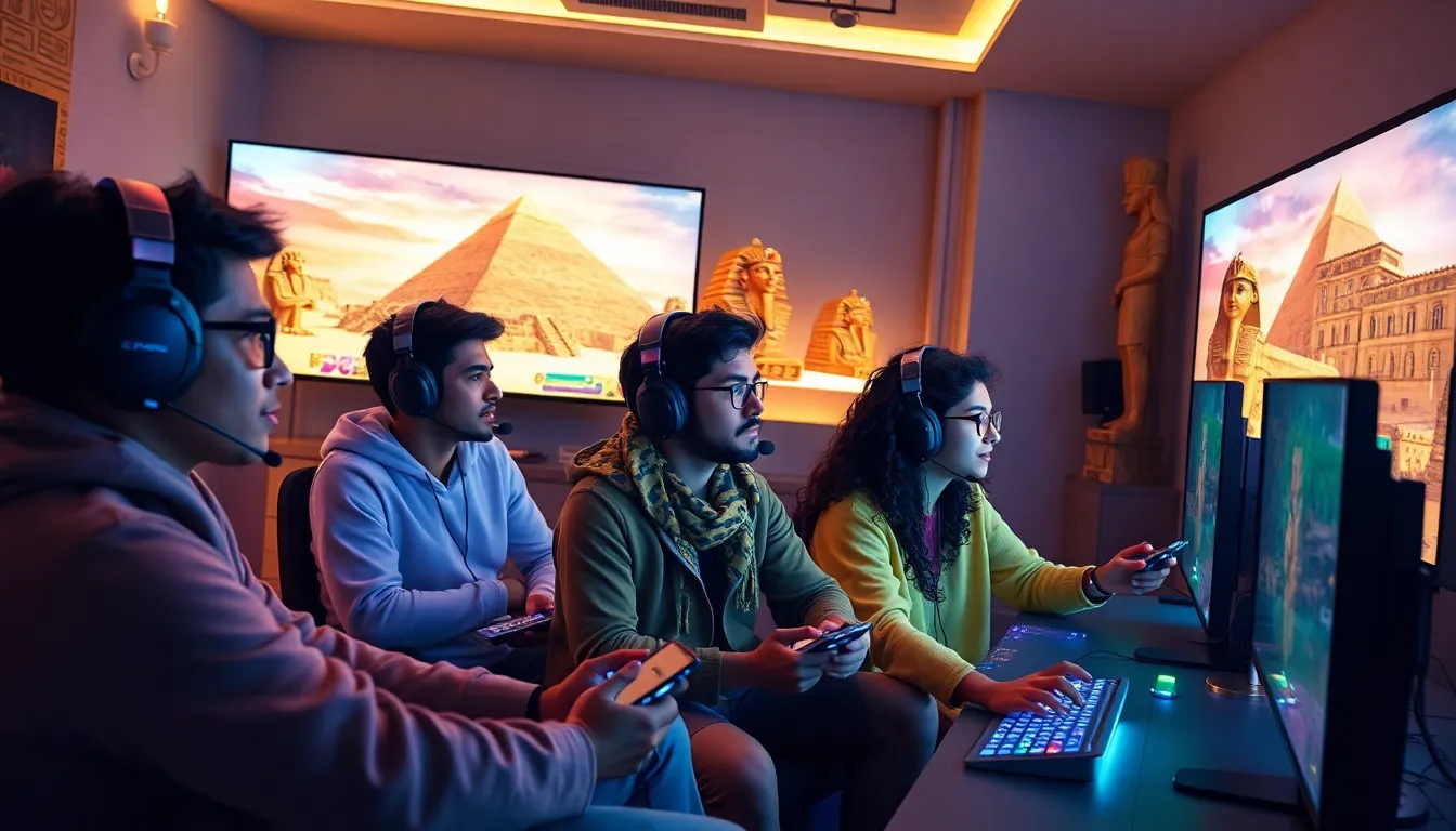 diverse gamers playing an ancient Egypt-themed video game.