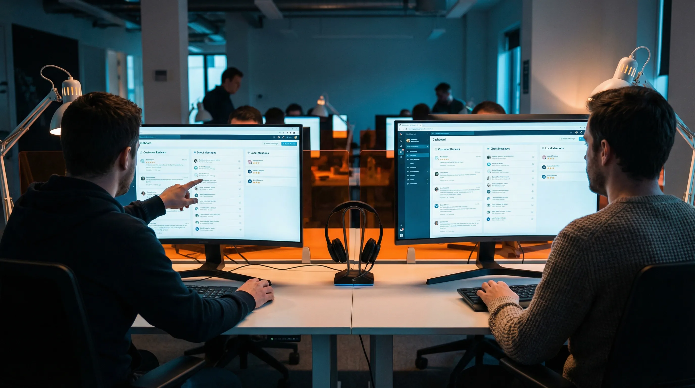 Team in an office responding to customer reviews and messages on multiple screens, monitoring a local business’s online reputation.