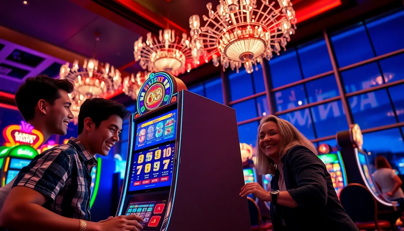 a vibrant casino scene with players at a slot machine aiming for an accumulative jackpot.