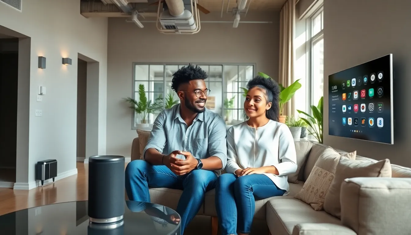 couple discussing smart home devices in a modern apartment.