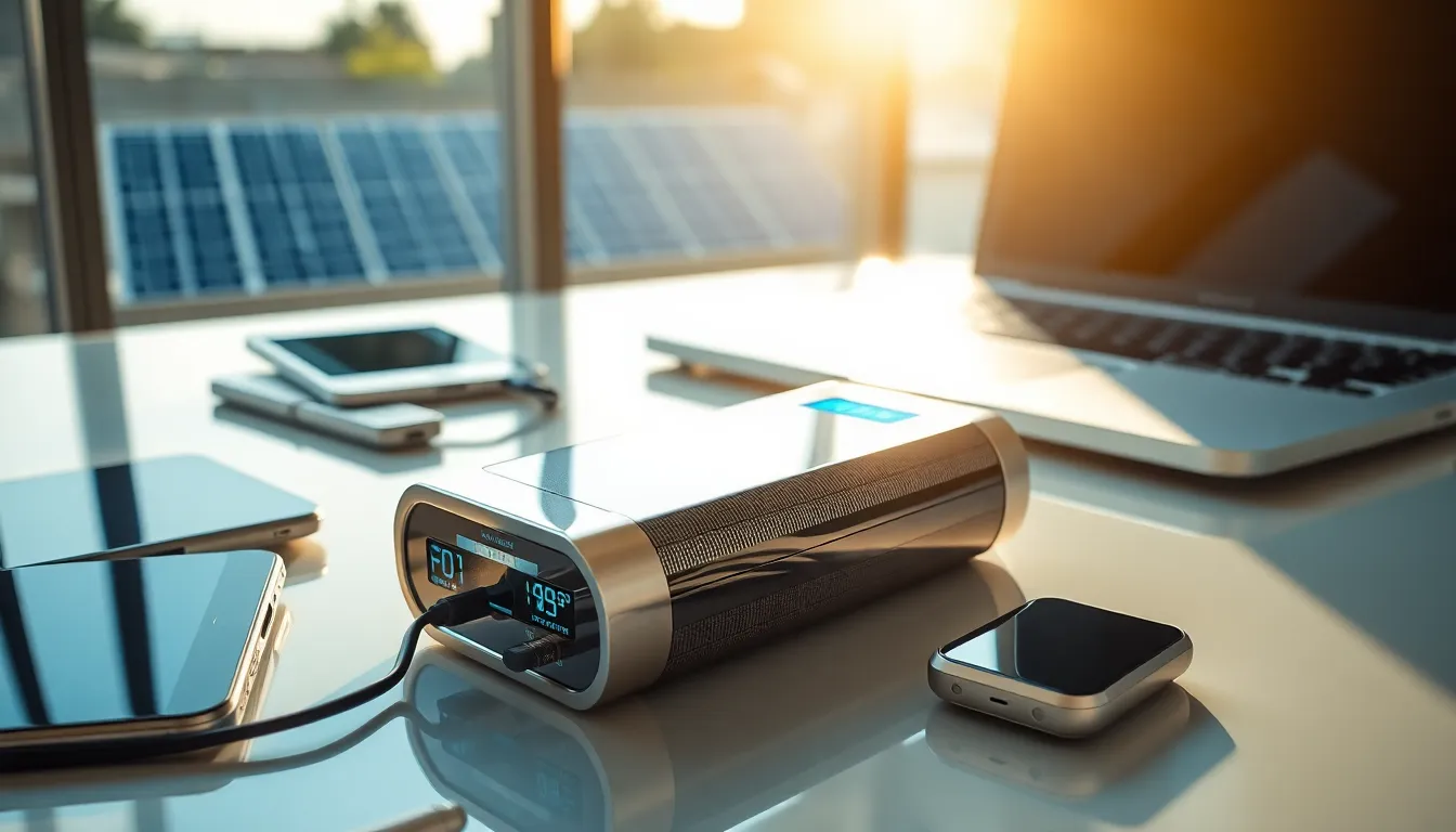 a modern lithium-ion battery with electronic devices on a desk.