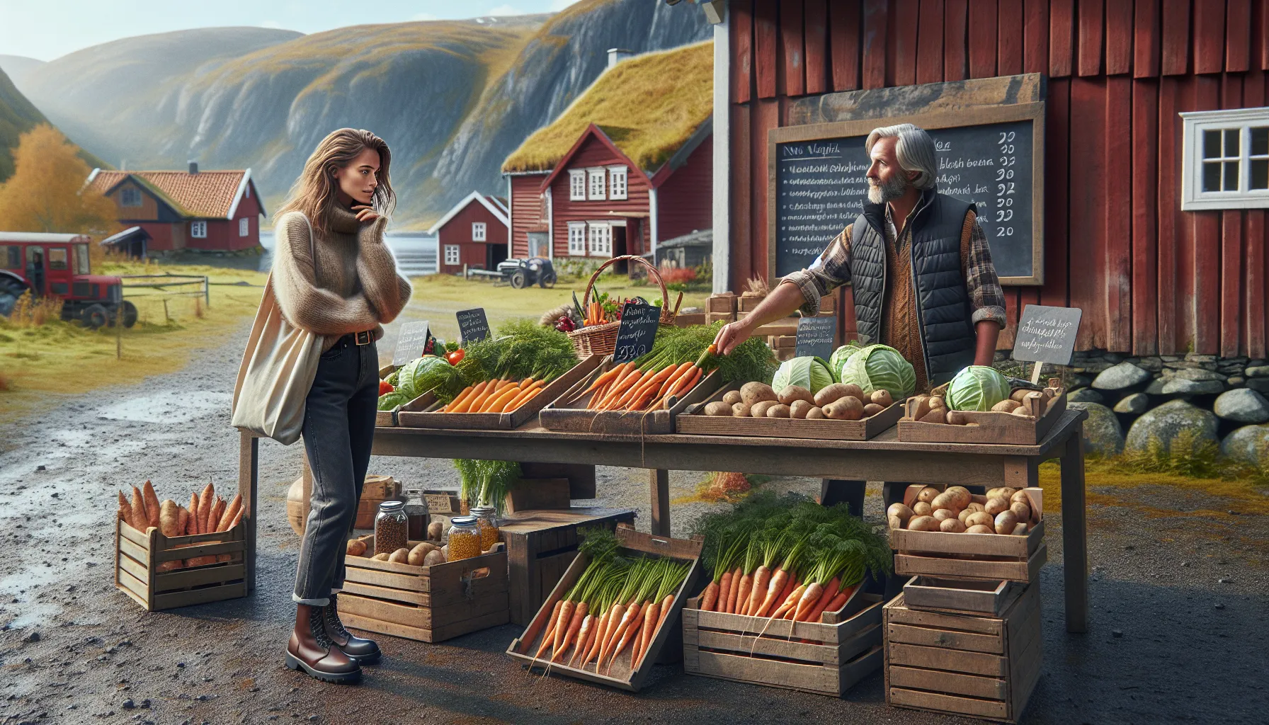 Slik lager du en bærekraftig ukemeny med kortreiste råvarer 2 Woman choosing local norwegian vegetables at a farm stand by a fjord.