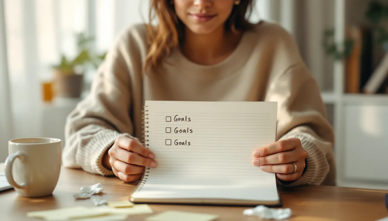 Hands holding a notebook with most goals crossed out and one circled.