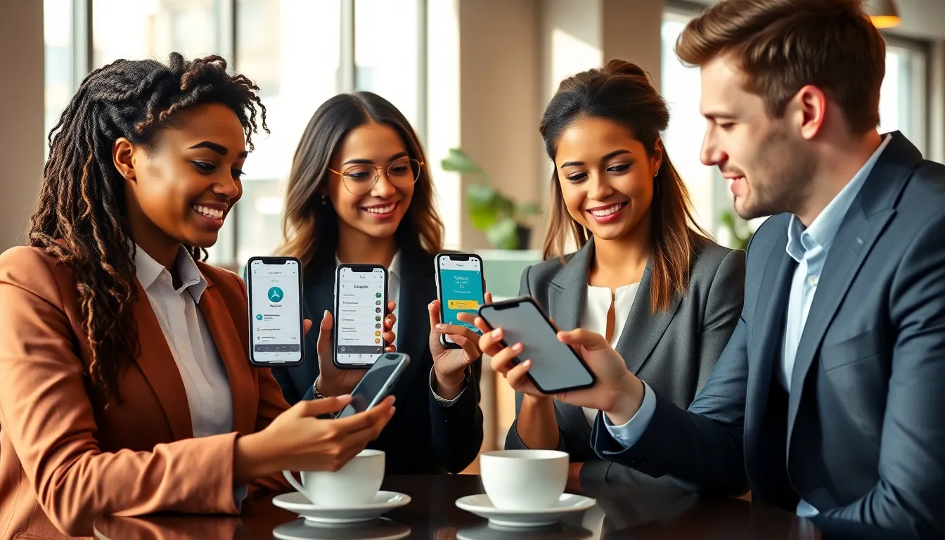 diverse professionals using mobile payment apps in a modern café.