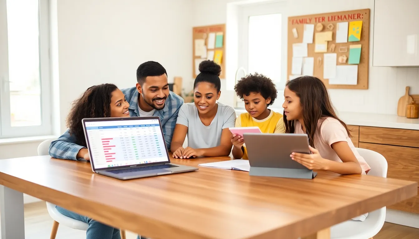 family gathered around a table discussing budgeting in a modern kitchen.
