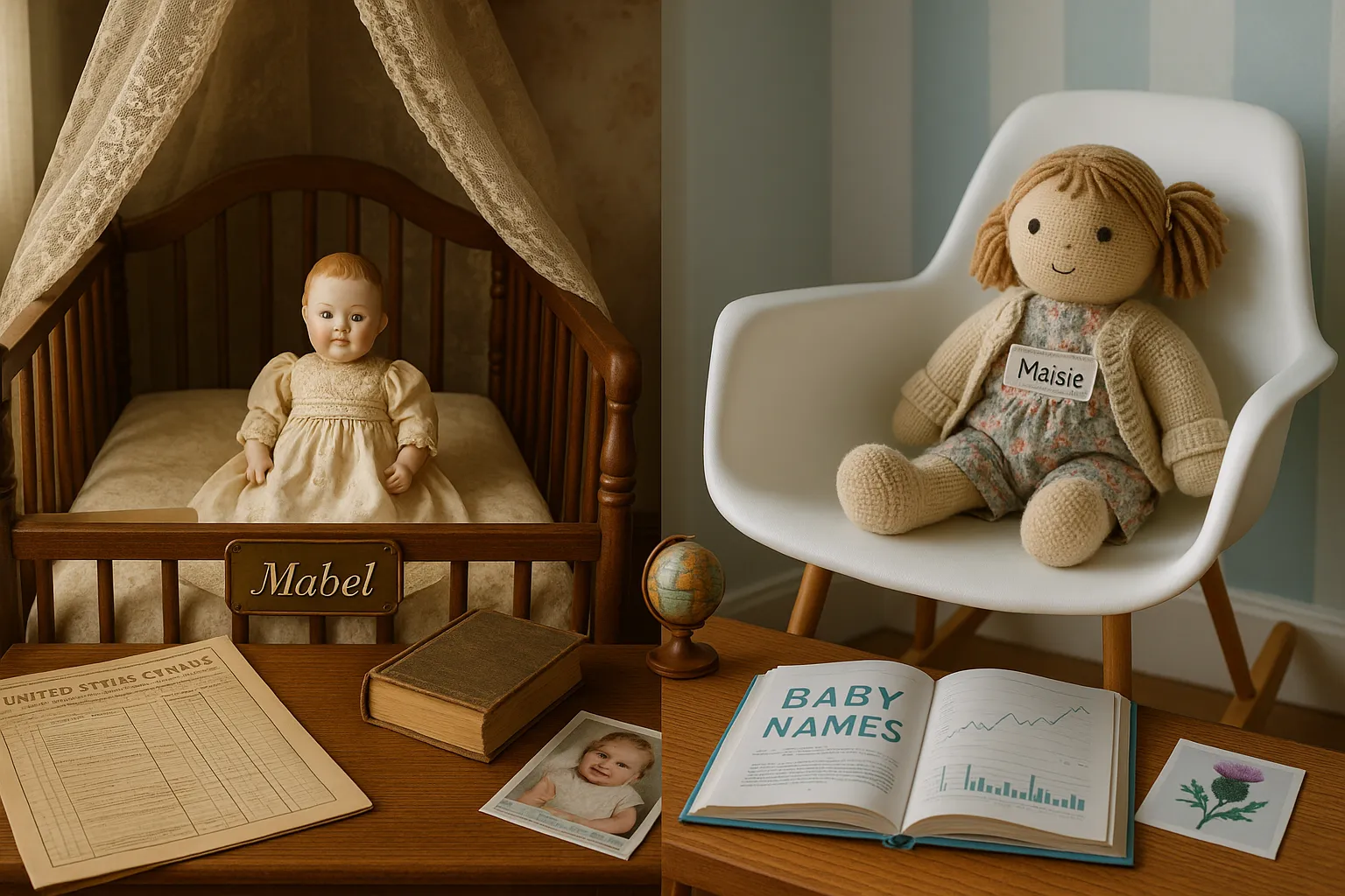 Split nursery: antique Mabel crib and modern Maisie rocking chair with name tags.
