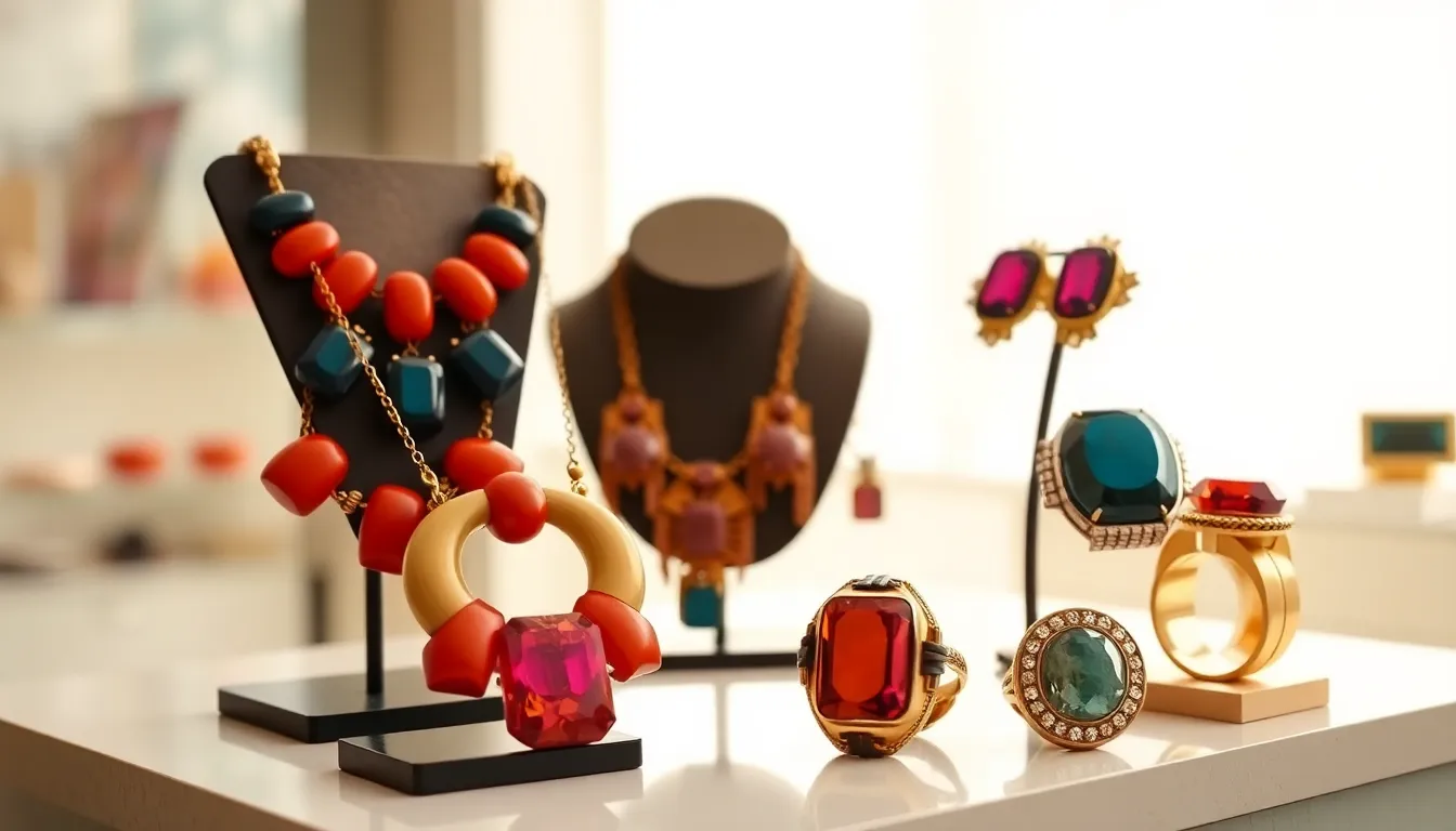 display of bold, sustainable jewelry pieces in a modern setting.