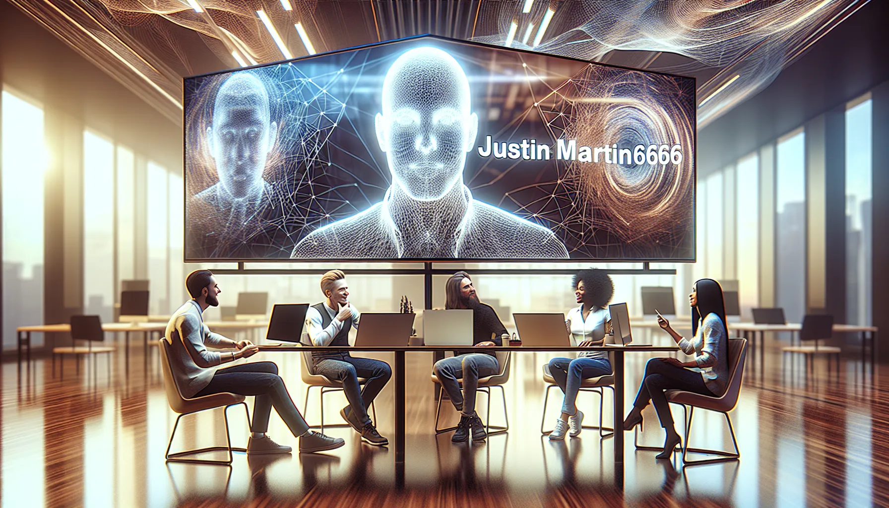 Diverse team in a modern workspace discussing online identity.