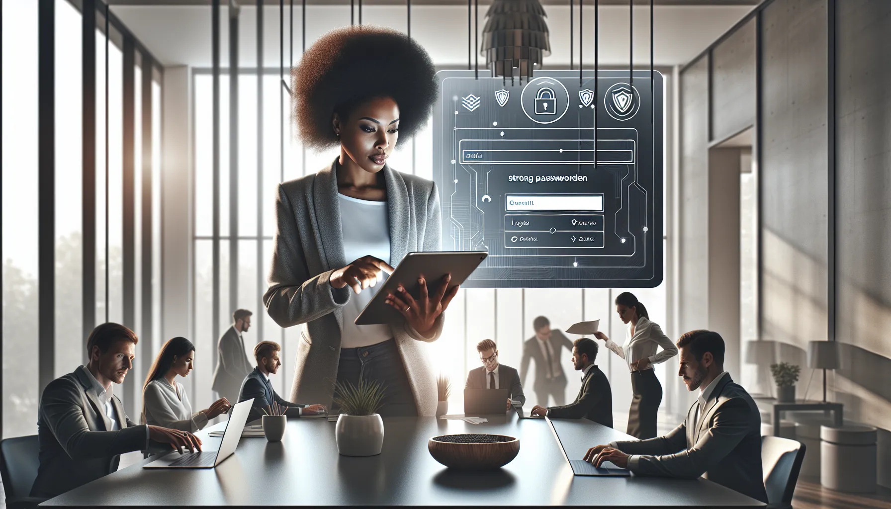 diverse team discussing account security in a modern office.