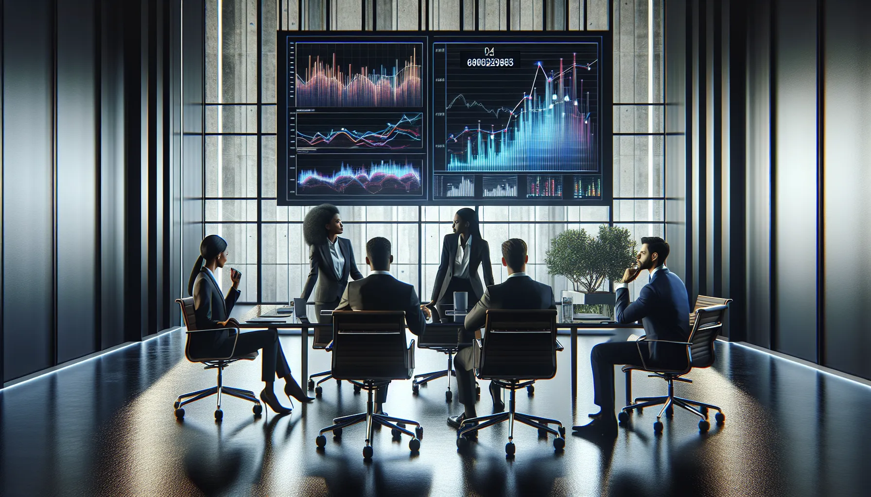 diverse team analyzing data in a modern conference room.