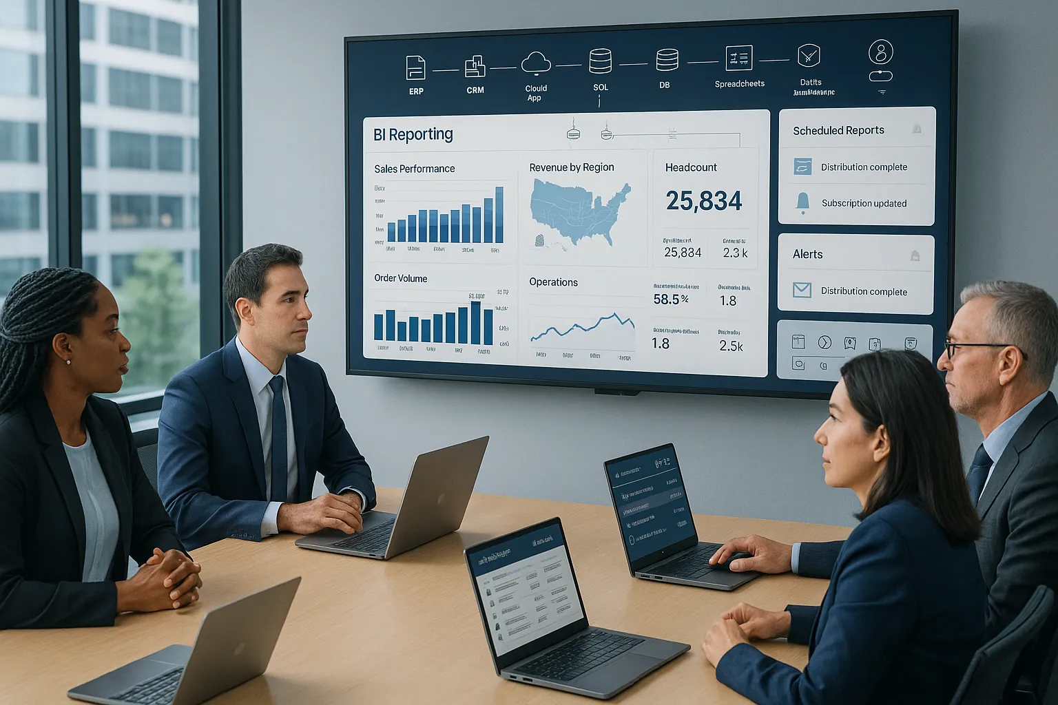 Professionals reviewing a centralized BI dashboard in a modern office.