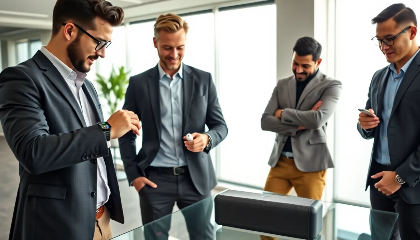three professionals engaging with new tech gadgets in a modern office.