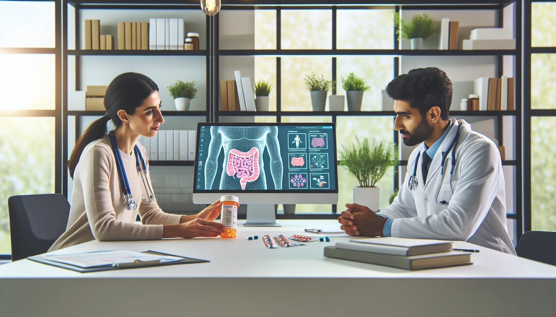 healthcare professionals discussing medication safety in a modern office.