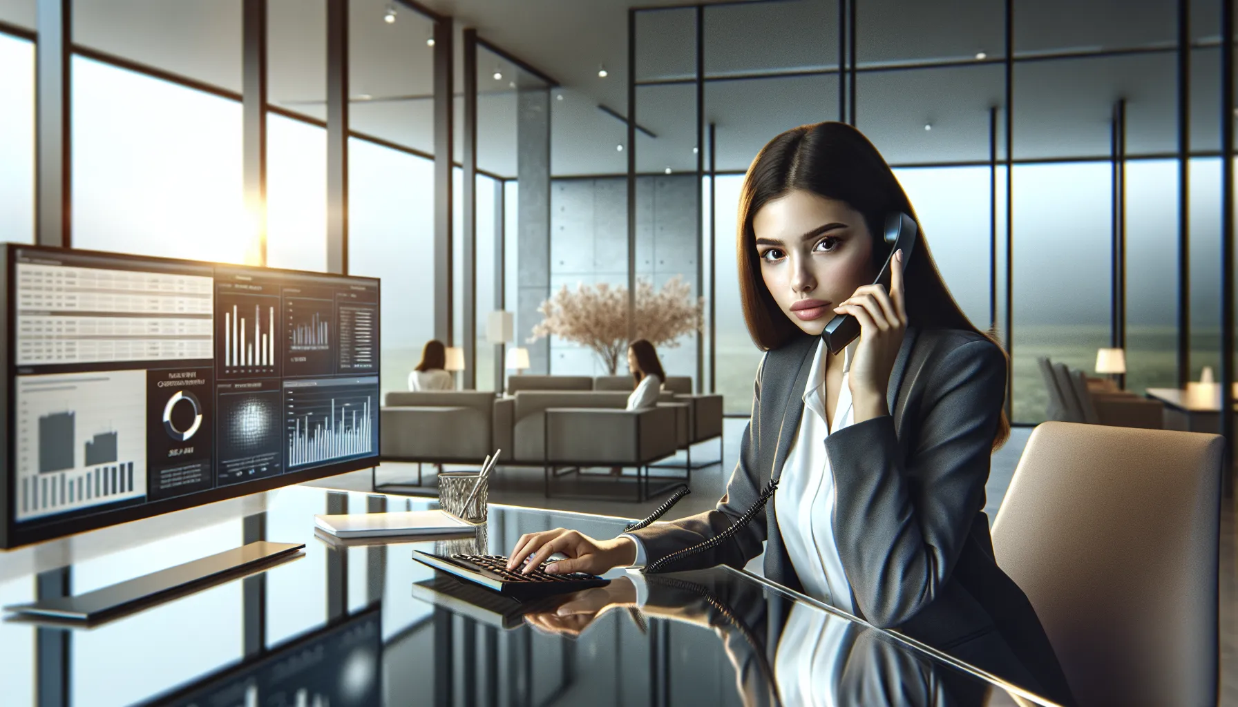 Professional woman engaged in a phone call in a modern office.
