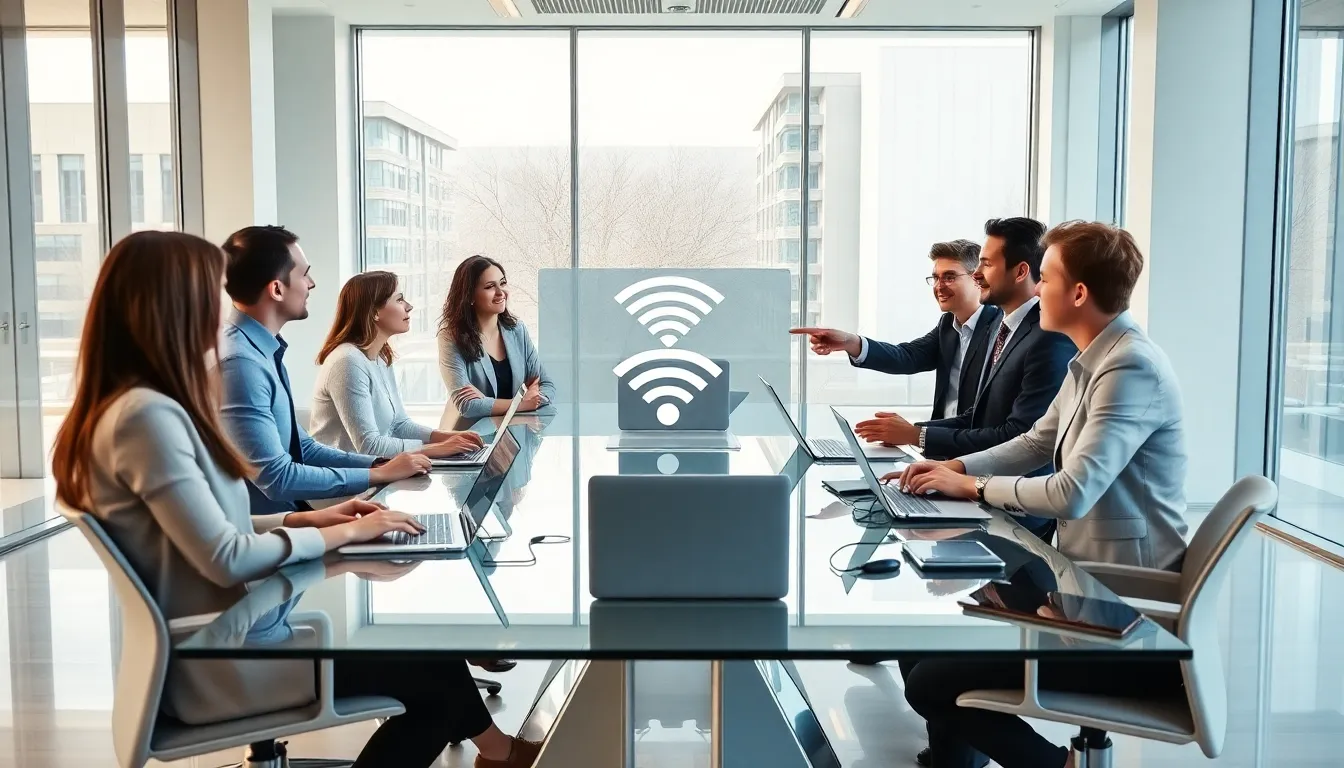 diverse team discussing advanced wireless technology in a modern office.