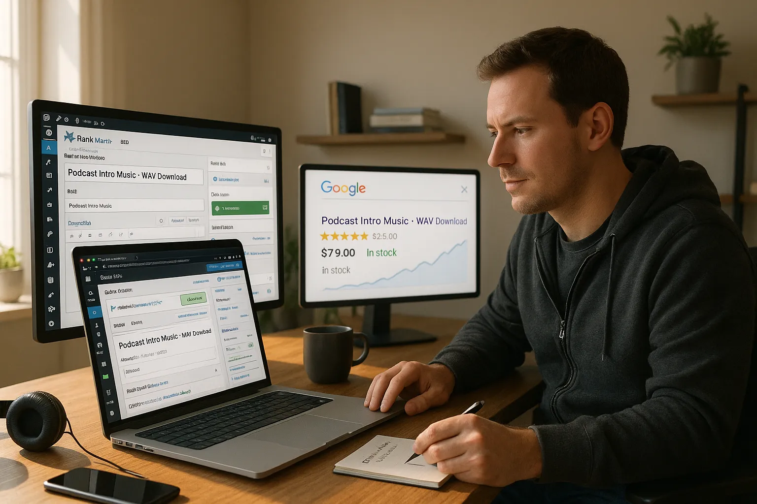 Digital entrepreneur optimizing an EDD product with RankMath, viewing rich Google search snippet.
