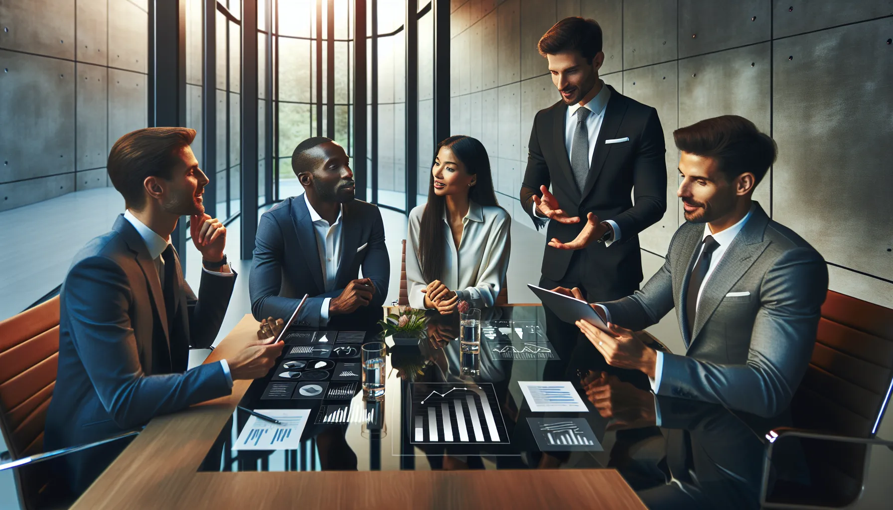 diverse finance team discussing successful case studies in a modern office.