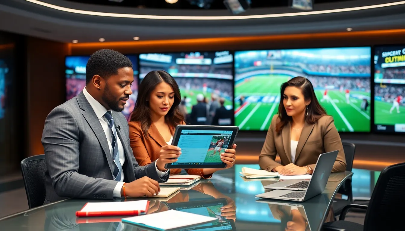 diverse sports journalists collaborating in a modern newsroom.